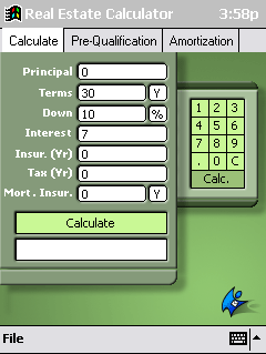 Real Estate Calculator PDA screenshot showing a mortgage calculation