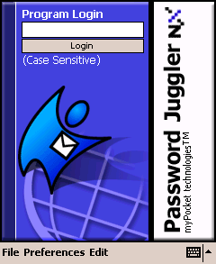 Password Juggler password manager running on a Pocket PC device, showing the PDA interface